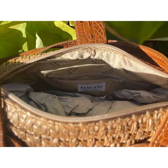 NWT Helen Kaminski Brown Leather Straps Brown Woven Handbag Zipper Top - Picture 3 of 5